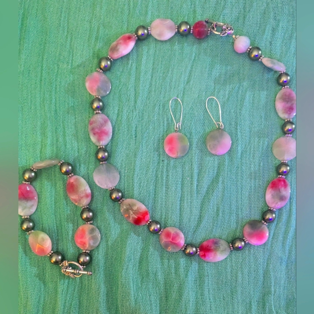 Sterling Silver Watermelon Tourmaline Beaded Necklace Set